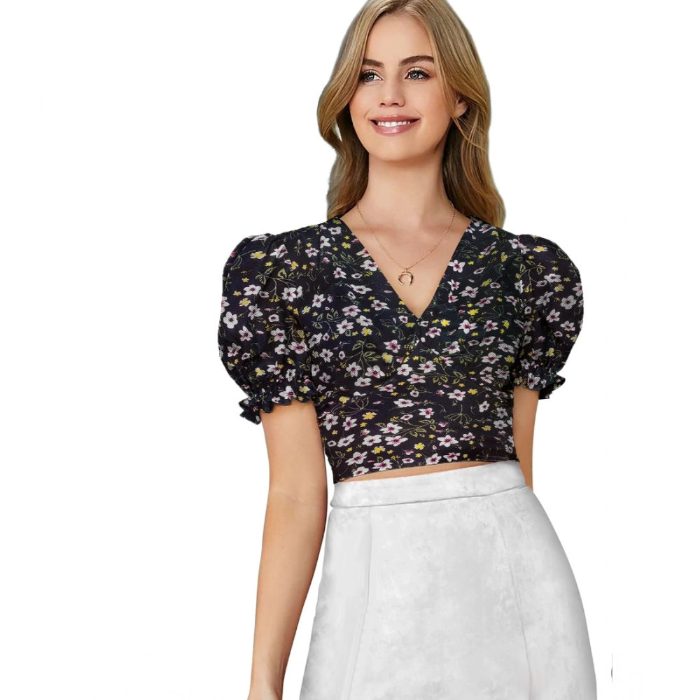 Vaystra Knitting Printed V-Neck Puff Sleeve Tops – Black
