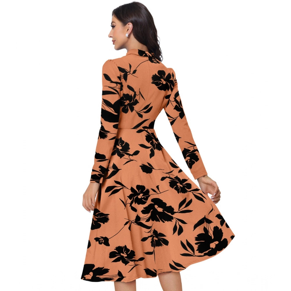 Vaystra Knitting Printed V-Neck Full Sleeve Dress – Orange