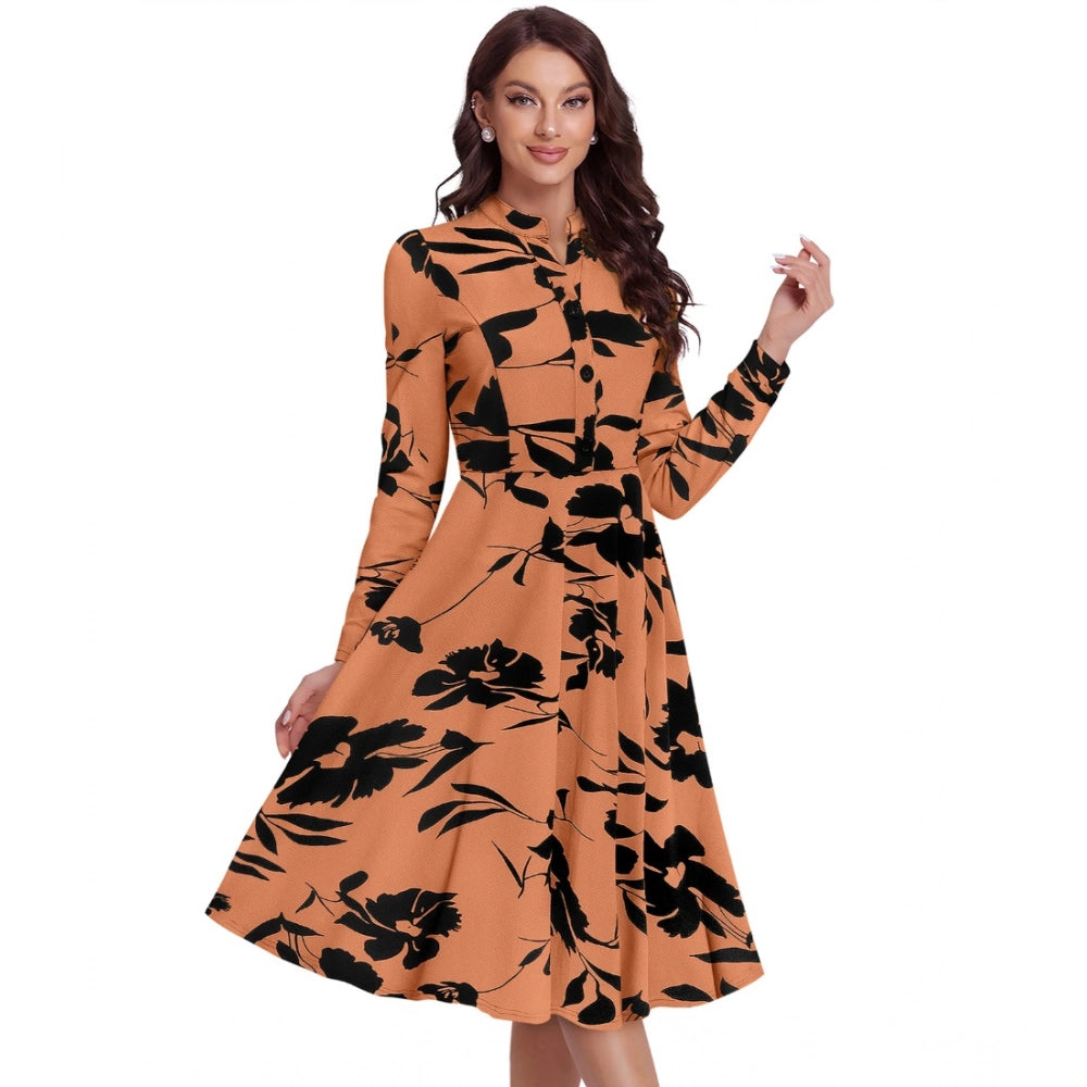 Vaystra Knitting Printed V-Neck Full Sleeve Dress – Orange