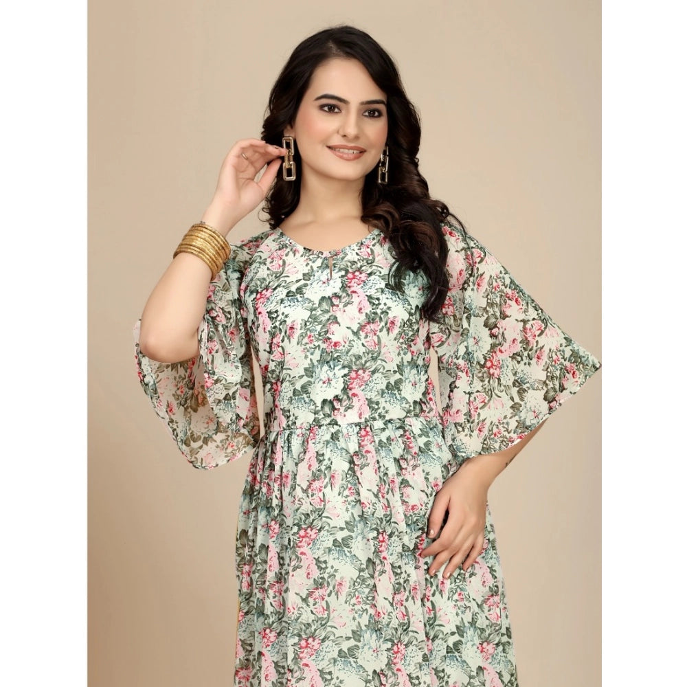 Vaystra Georgette Printed Round Neck Short Sleeve Dress – Pink