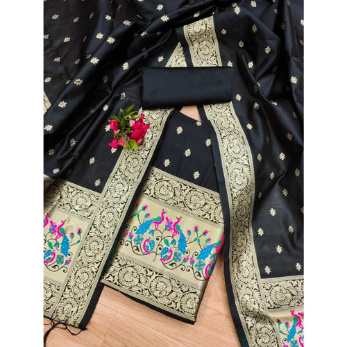 Vaystra Banarasi Silk Printed Unstitched Salwar Suit Material With Dupatta – Black