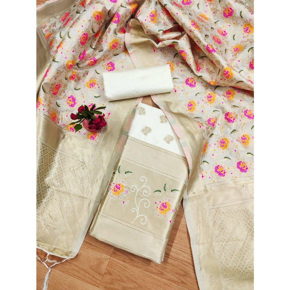 Vaystra Banarasi Silk Printed Unstitched Salwar Suit Material With Dupatta – White