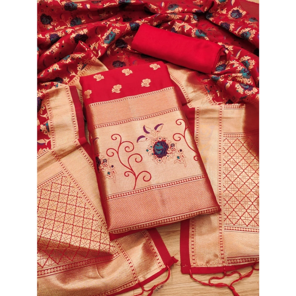 Vaystra Banarasi Silk Printed Unstitched Salwar Suit Material With Dupatta – Red