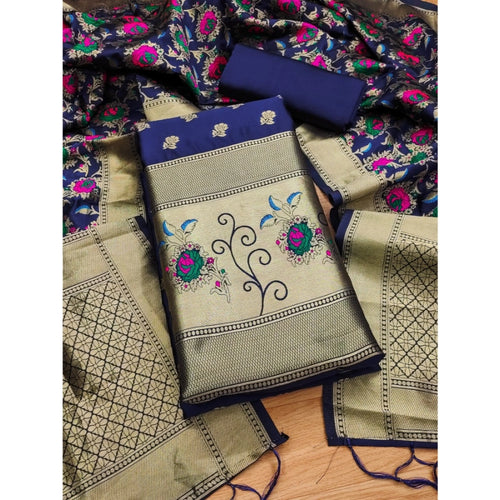Vaystra Banarasi Silk Printed Unstitched Salwar Suit Material With Dupatta – Navy Blue
