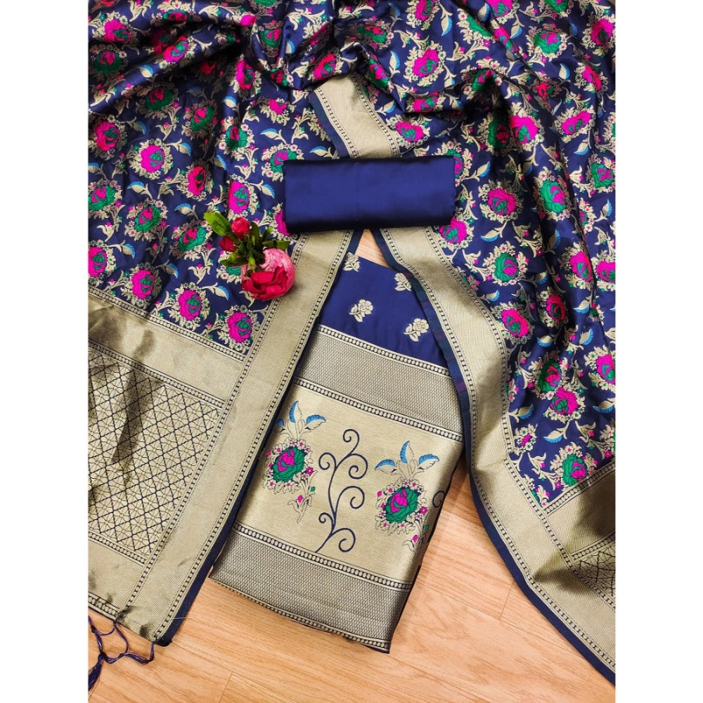 Vaystra Banarasi Silk Printed Unstitched Salwar Suit Material With Dupatta – Navy Blue