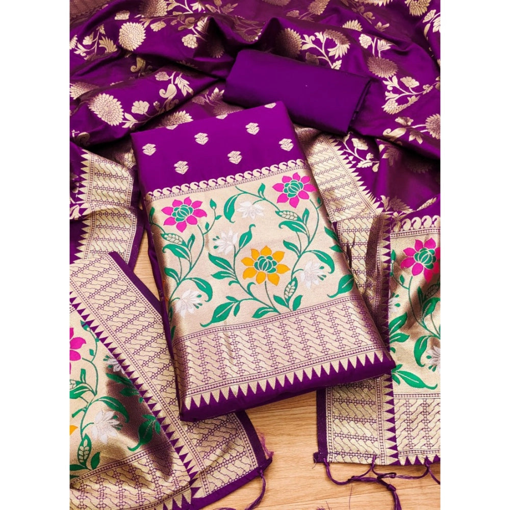 Vaystra Banarasi Silk Printed Unstitched Salwar Suit Material With Dupatta – Purple