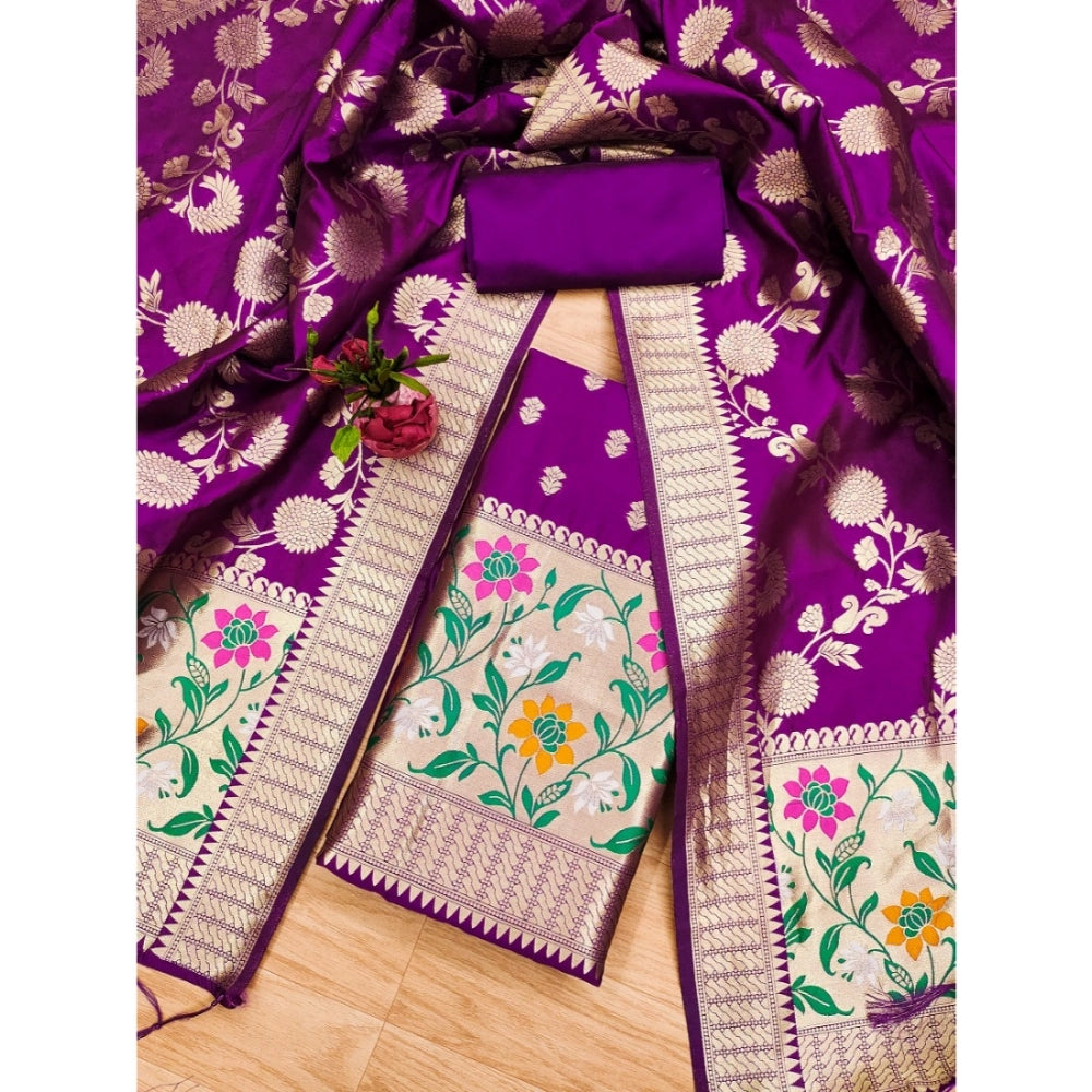 Vaystra Banarasi Silk Printed Unstitched Salwar Suit Material With Dupatta – Purple