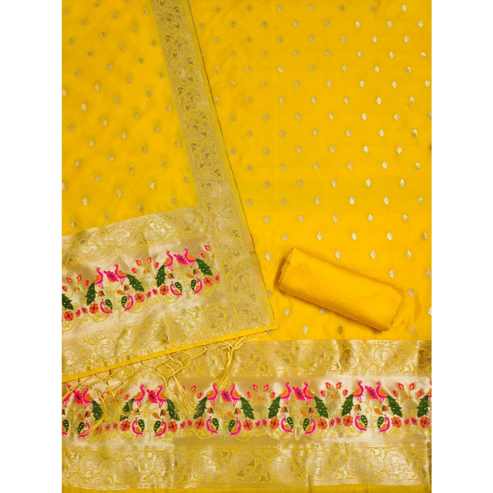 Vaystra Banarasi Silk Printed Unstitched Salwar Suit Material With Dupatta – Yellow