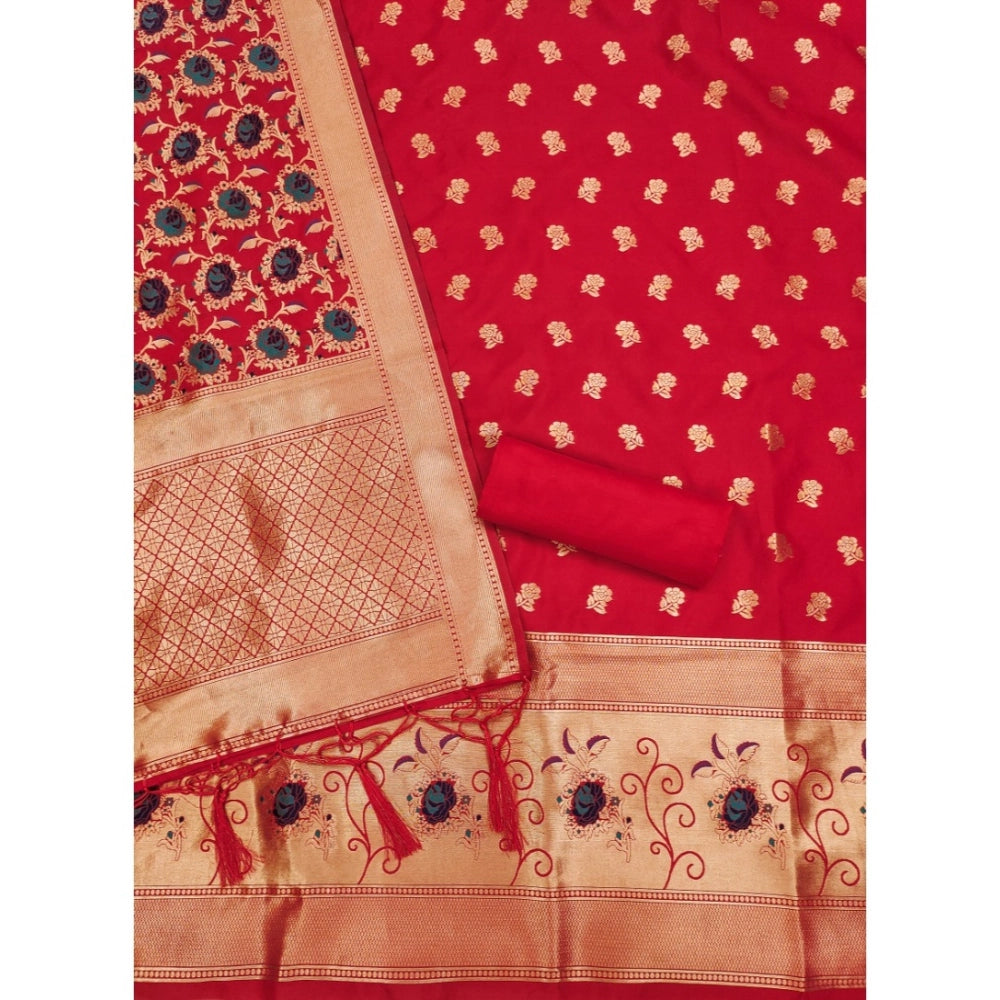 Vaystra Banarasi Silk Printed Unstitched Salwar Suit Material With Dupatta – Red