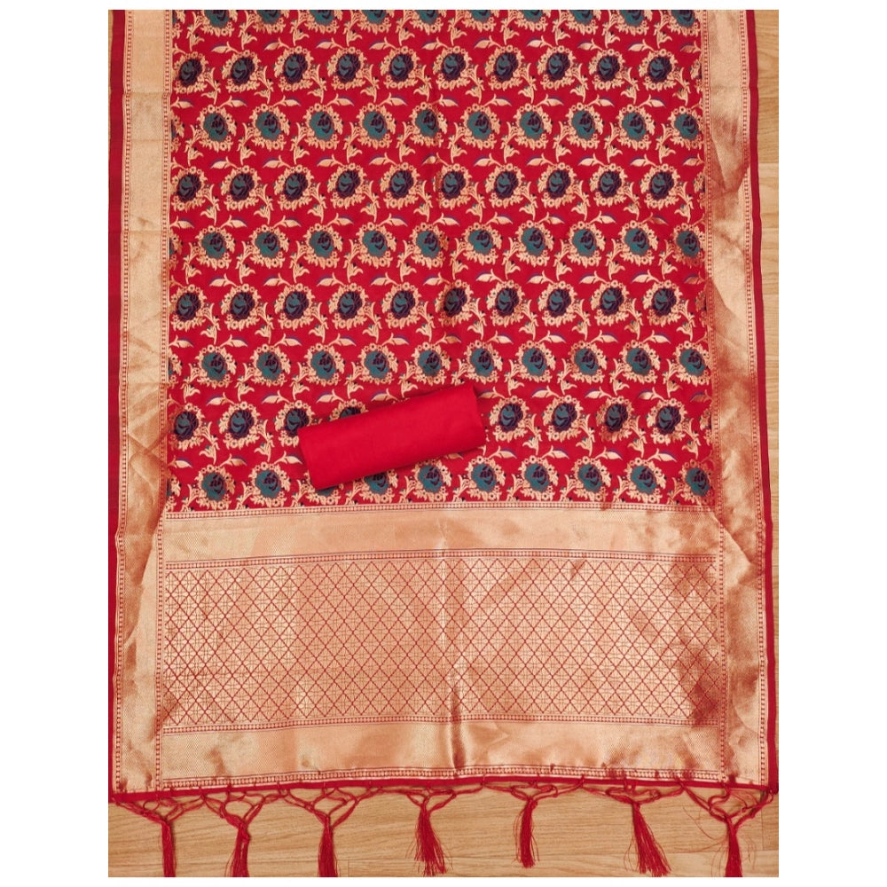 Vaystra Banarasi Silk Printed Unstitched Salwar Suit Material With Dupatta – Red