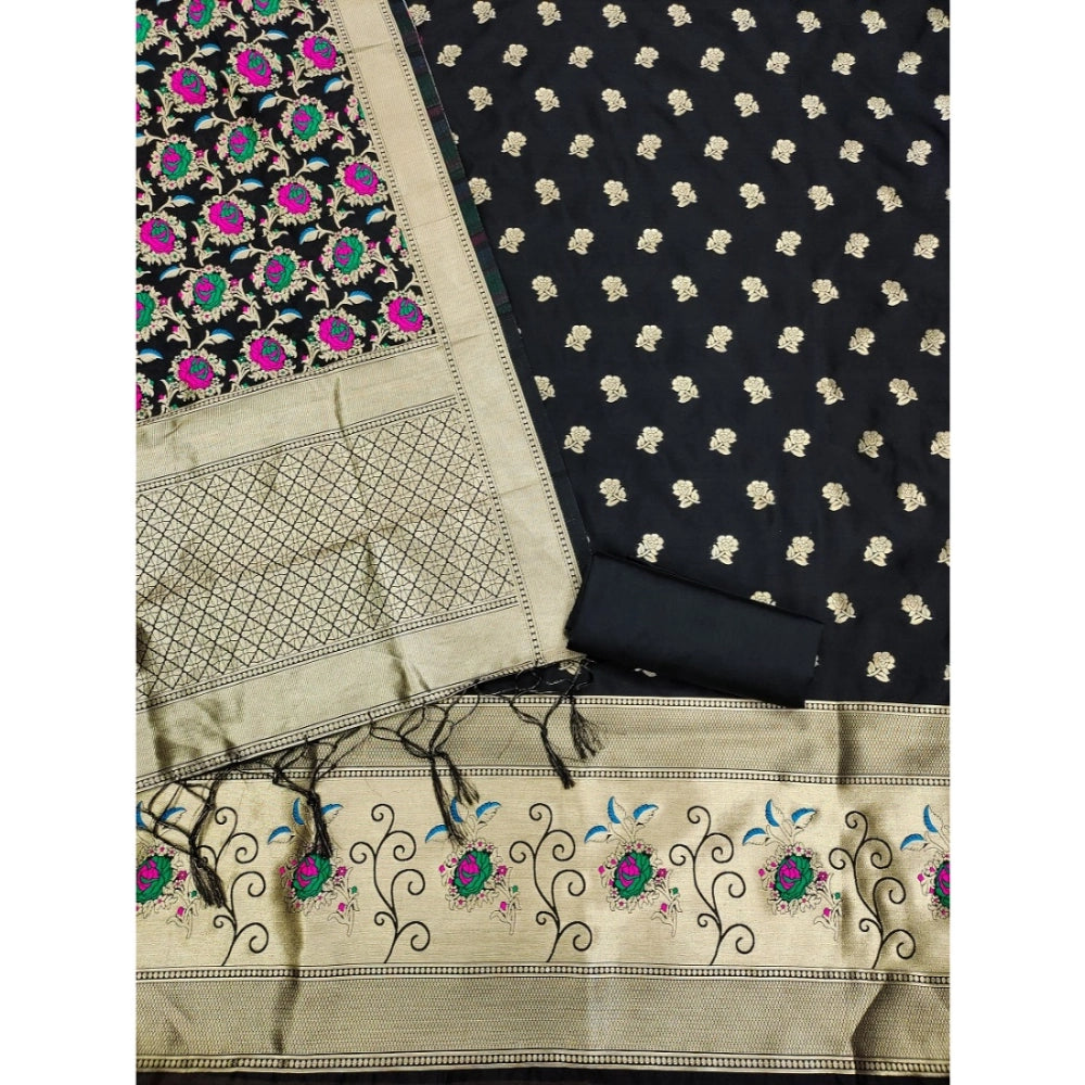 Vaystra Banarasi Silk Printed Unstitched Salwar Suit Material With Dupatta – Black