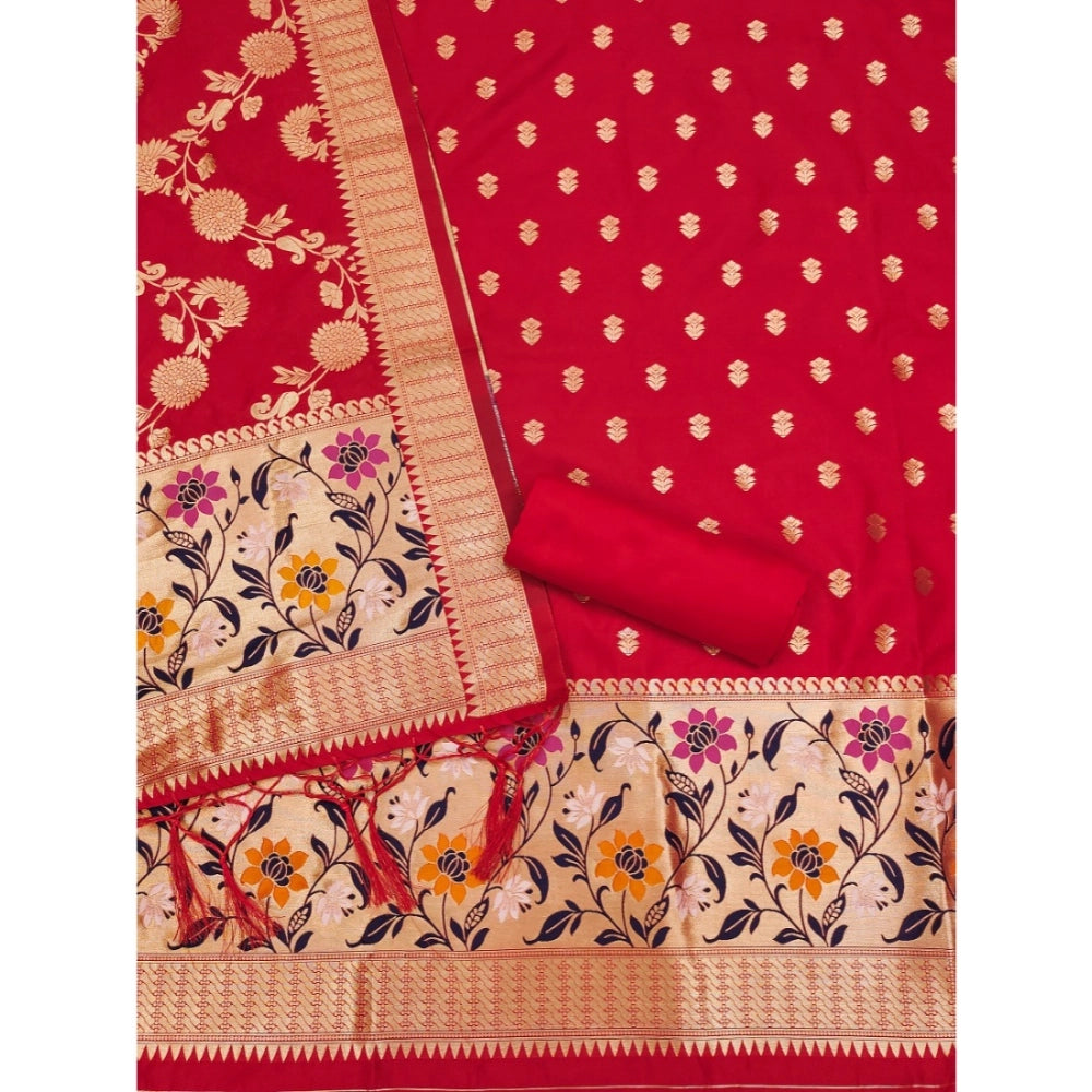 Vaystra Banarasi Silk Printed Unstitched Salwar Suit Material With Dupatta – Red