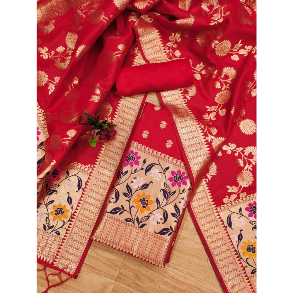 Vaystra Banarasi Silk Printed Unstitched Salwar Suit Material With Dupatta – Red