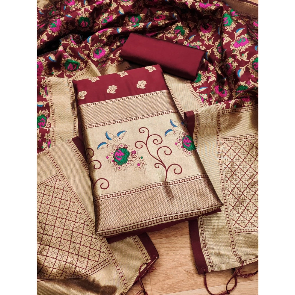 Vaystra Banarasi Silk Printed Unstitched Salwar Suit Material With Dupatta – Maroon
