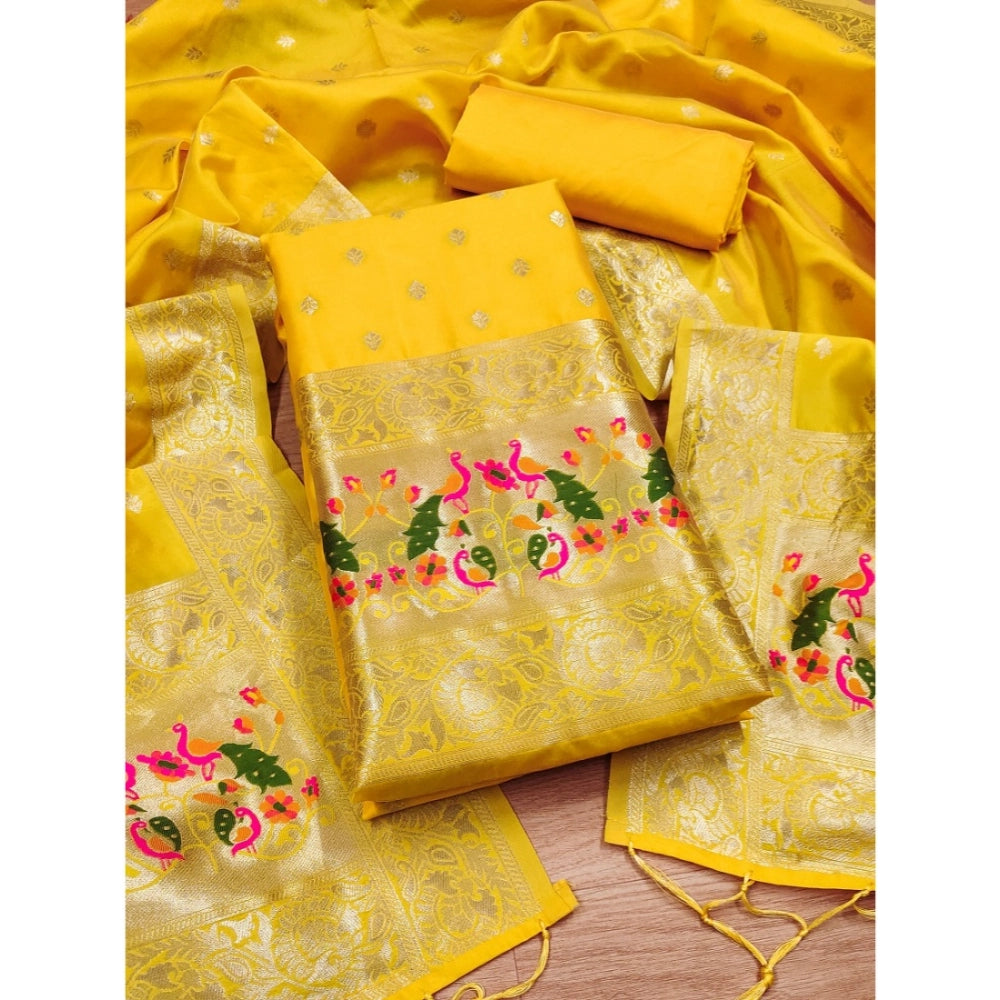 Vaystra Banarasi Silk Printed Unstitched Salwar Suit Material With Dupatta – Yellow