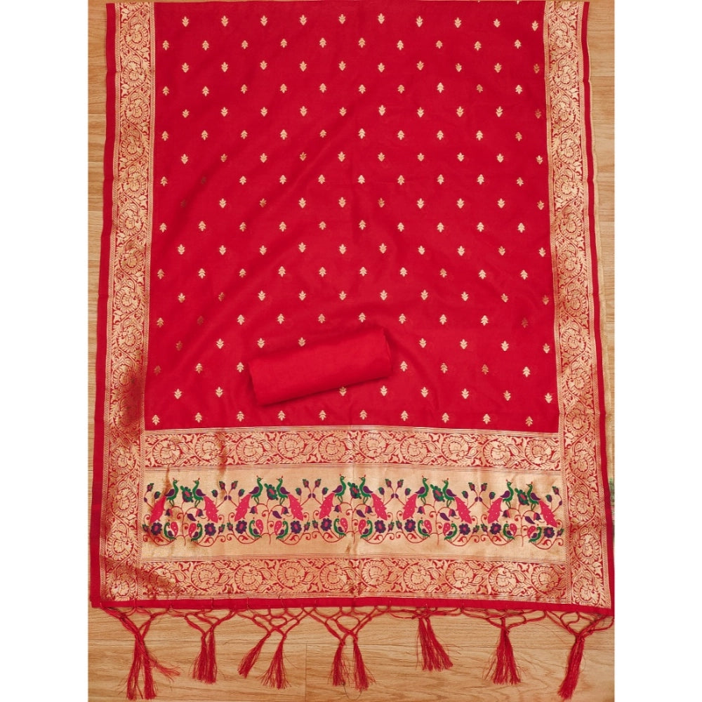 Vaystra Banarasi Silk Printed Unstitched Salwar Suit Material With Dupatta – Red
