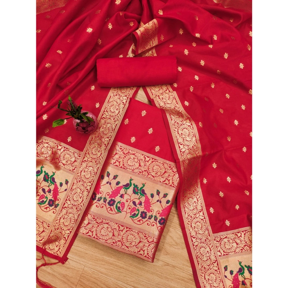 Vaystra Banarasi Silk Printed Unstitched Salwar Suit Material With Dupatta – Red