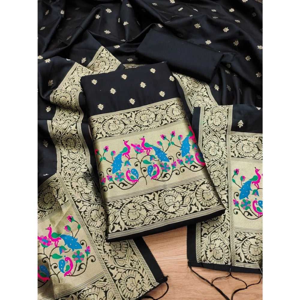Vaystra Banarasi Silk Printed Unstitched Salwar Suit Material With Dupatta – Black