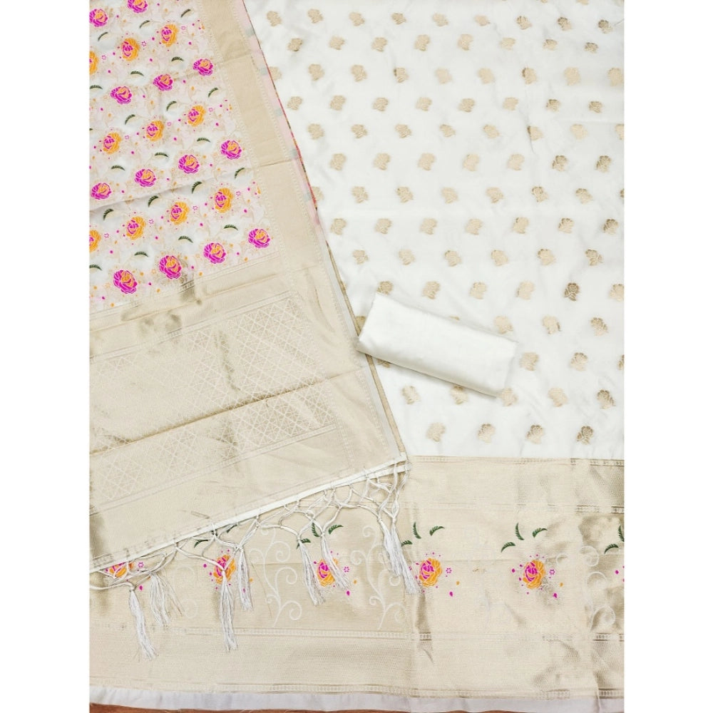 Vaystra Banarasi Silk Printed Unstitched Salwar Suit Material With Dupatta – White