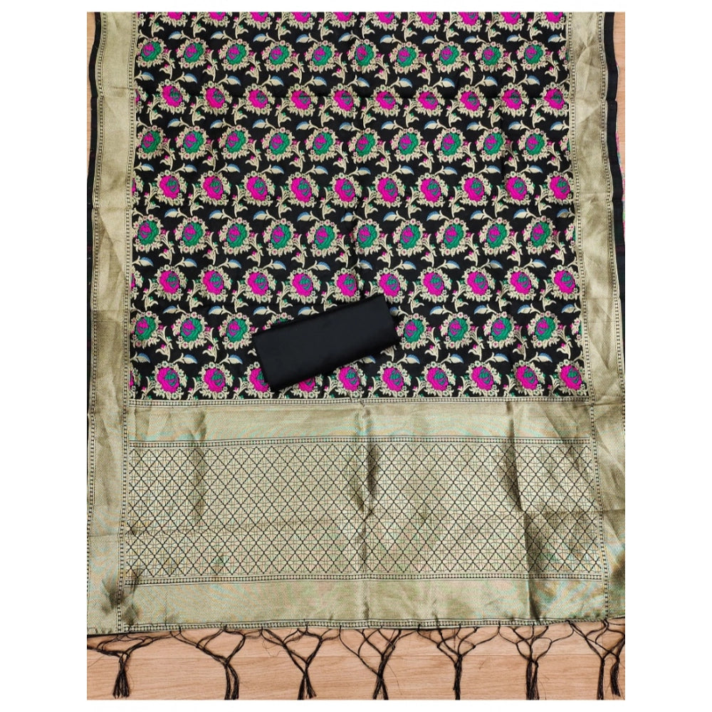 Vaystra Banarasi Silk Printed Unstitched Salwar Suit Material With Dupatta – Black