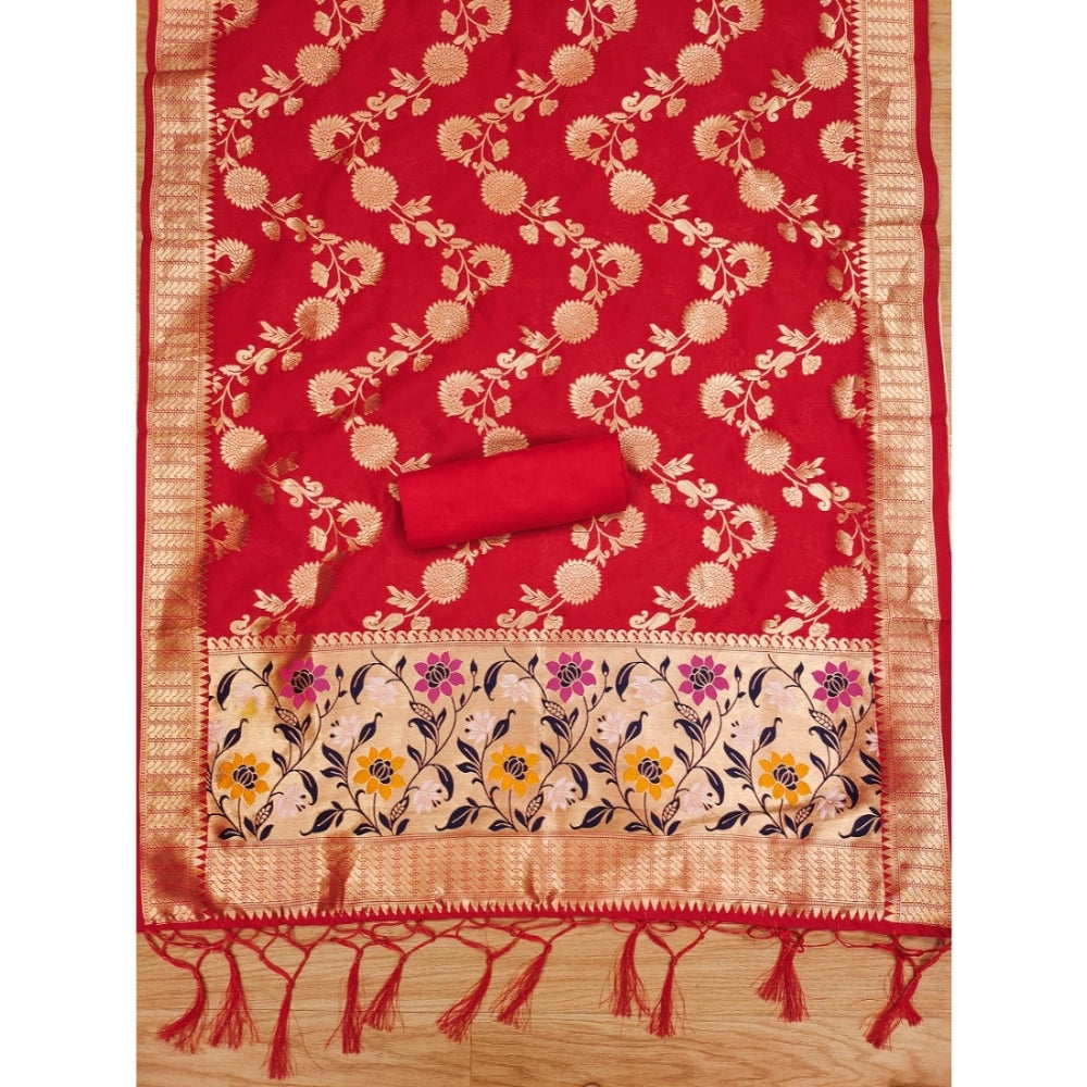 Vaystra Banarasi Silk Printed Unstitched Salwar Suit Material With Dupatta – Red