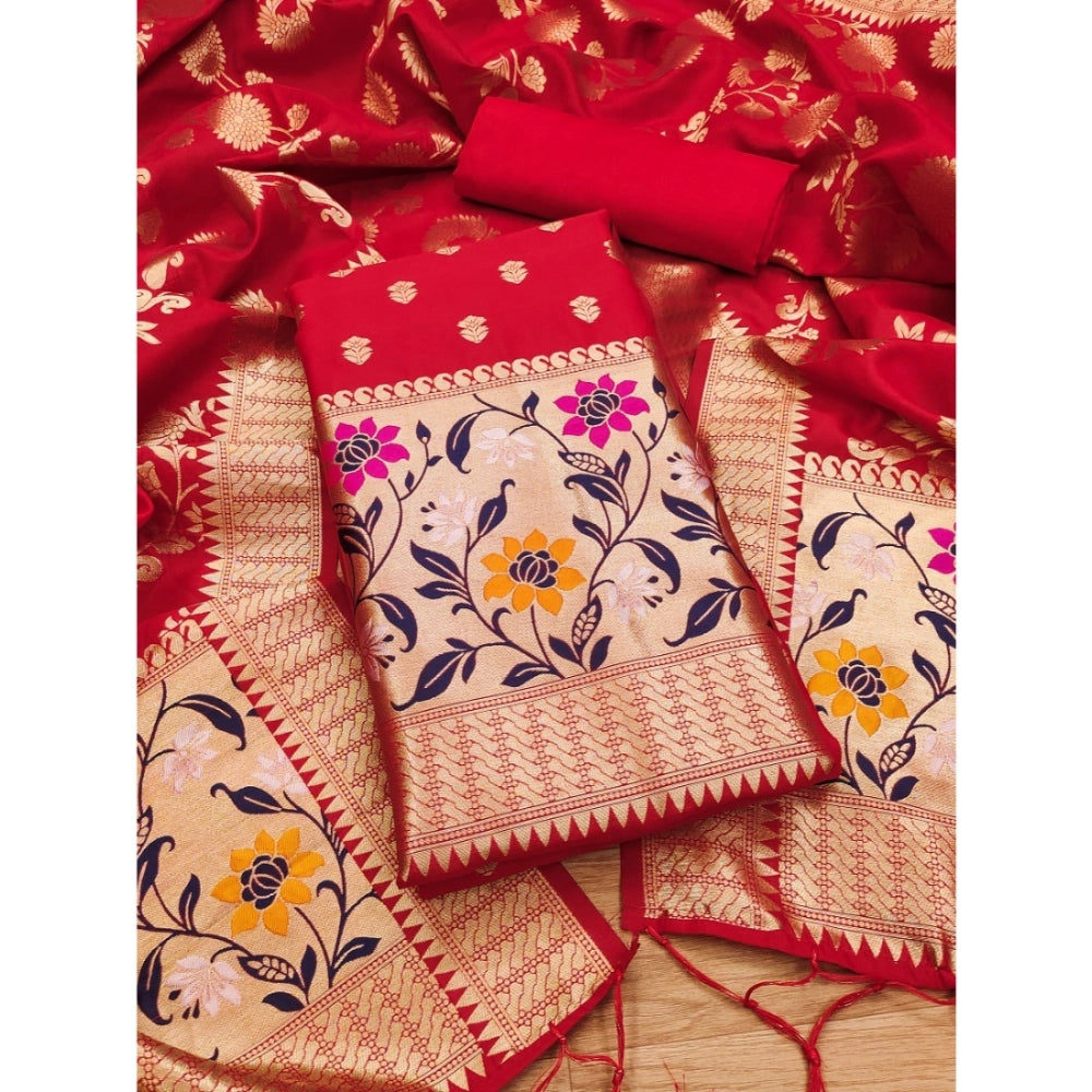 Vaystra Banarasi Silk Printed Unstitched Salwar Suit Material With Dupatta – Red