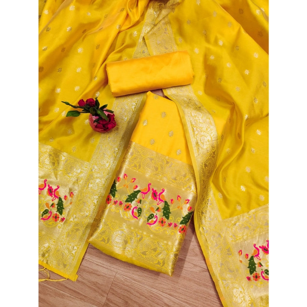 Vaystra Banarasi Silk Printed Unstitched Salwar Suit Material With Dupatta – Yellow
