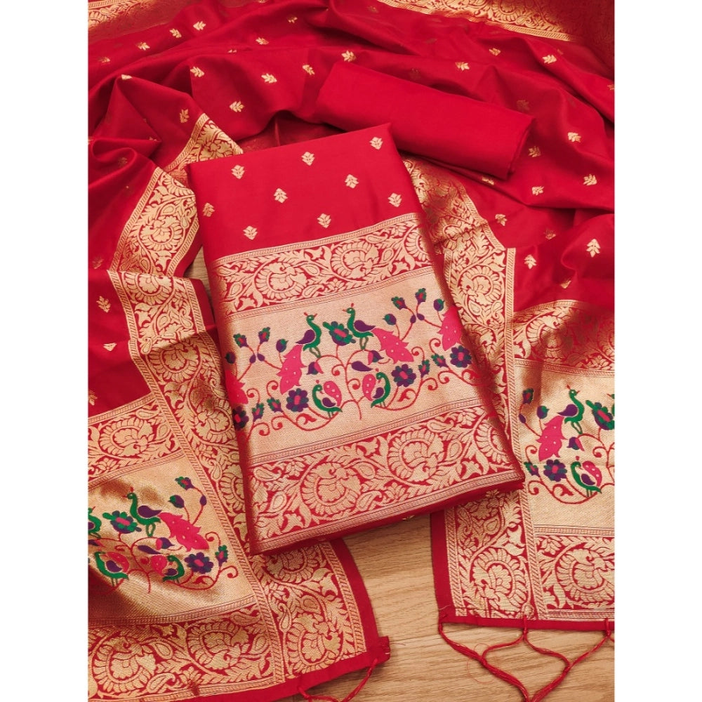 Vaystra Banarasi Silk Printed Unstitched Salwar Suit Material With Dupatta – Red