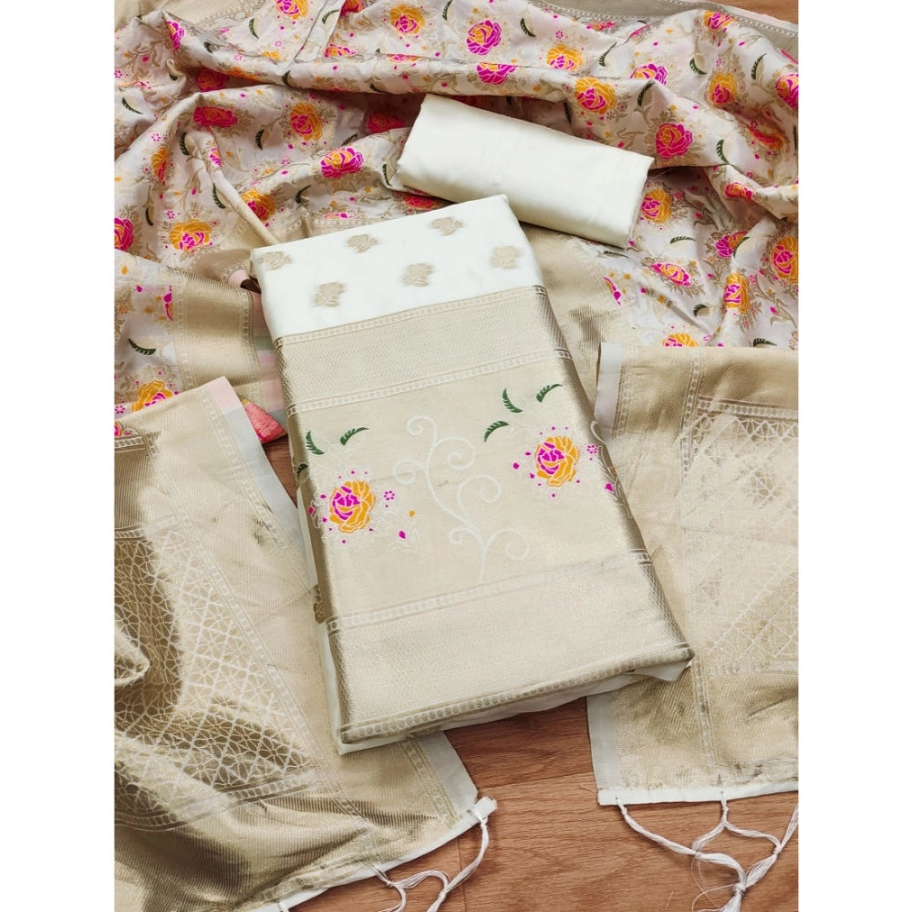 Vaystra Banarasi Silk Printed Unstitched Salwar Suit Material With Dupatta – White
