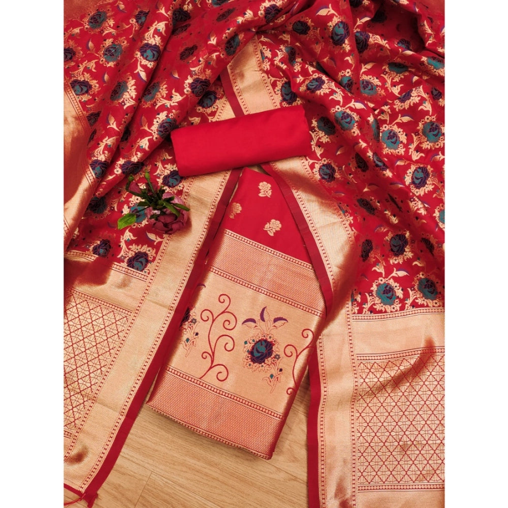 Vaystra Banarasi Silk Printed Unstitched Salwar Suit Material With Dupatta – Red