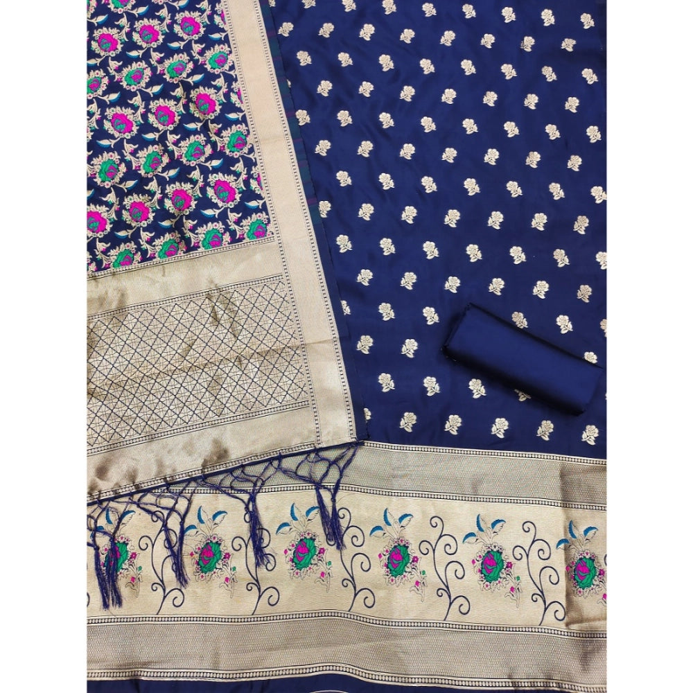 Vaystra Banarasi Silk Printed Unstitched Salwar Suit Material With Dupatta – Navy Blue
