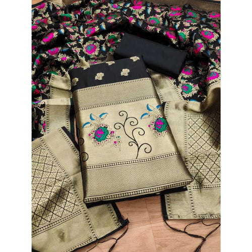 Vaystra Banarasi Silk Printed Unstitched Salwar Suit Material With Dupatta – Black