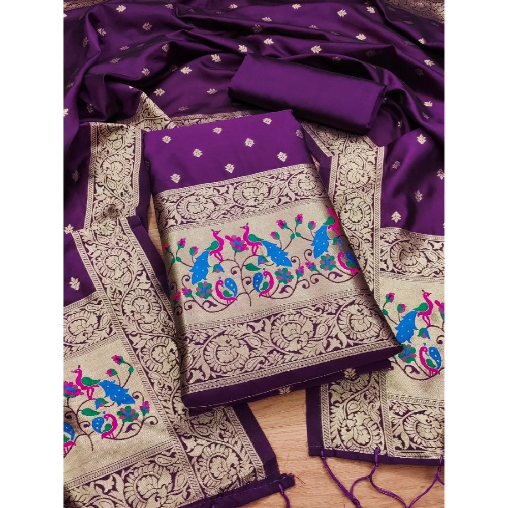 Vaystra Banarasi Silk Printed Unstitched Salwar Suit Material With Dupatta – Purple