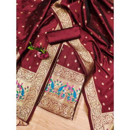Vaystra Banarasi Silk Printed Unstitched Salwar Suit Material With Dupatta – Maroon