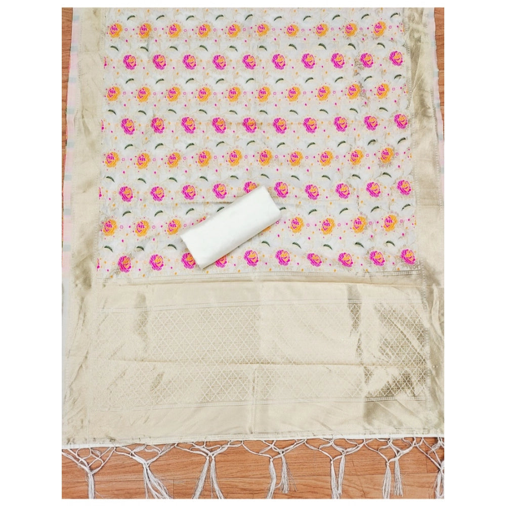 Vaystra Banarasi Silk Printed Unstitched Salwar Suit Material With Dupatta – White