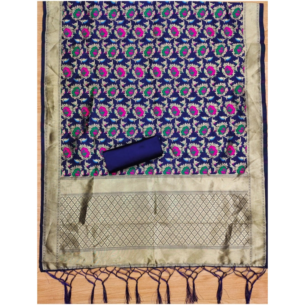Vaystra Banarasi Silk Printed Unstitched Salwar Suit Material With Dupatta – Navy Blue