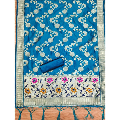 Vaystra Banarasi Silk Printed Unstitched Salwar Suit Material With Dupatta – Blue