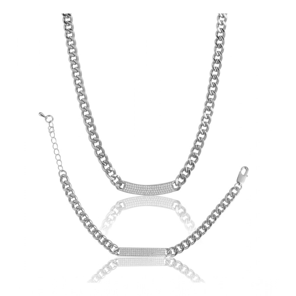 Vaystra Handcrafted Stainless Steel Silver Polish Hand Bracelet And Necklace - Silver Plated Edition