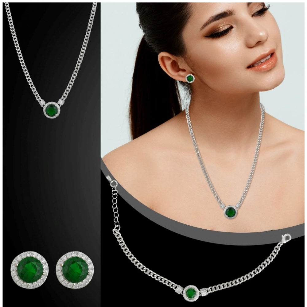 Vaystra Handcrafted Stainless Steel Green Color Silver Chain Western Combo Jewelry - Silver Plated Edition