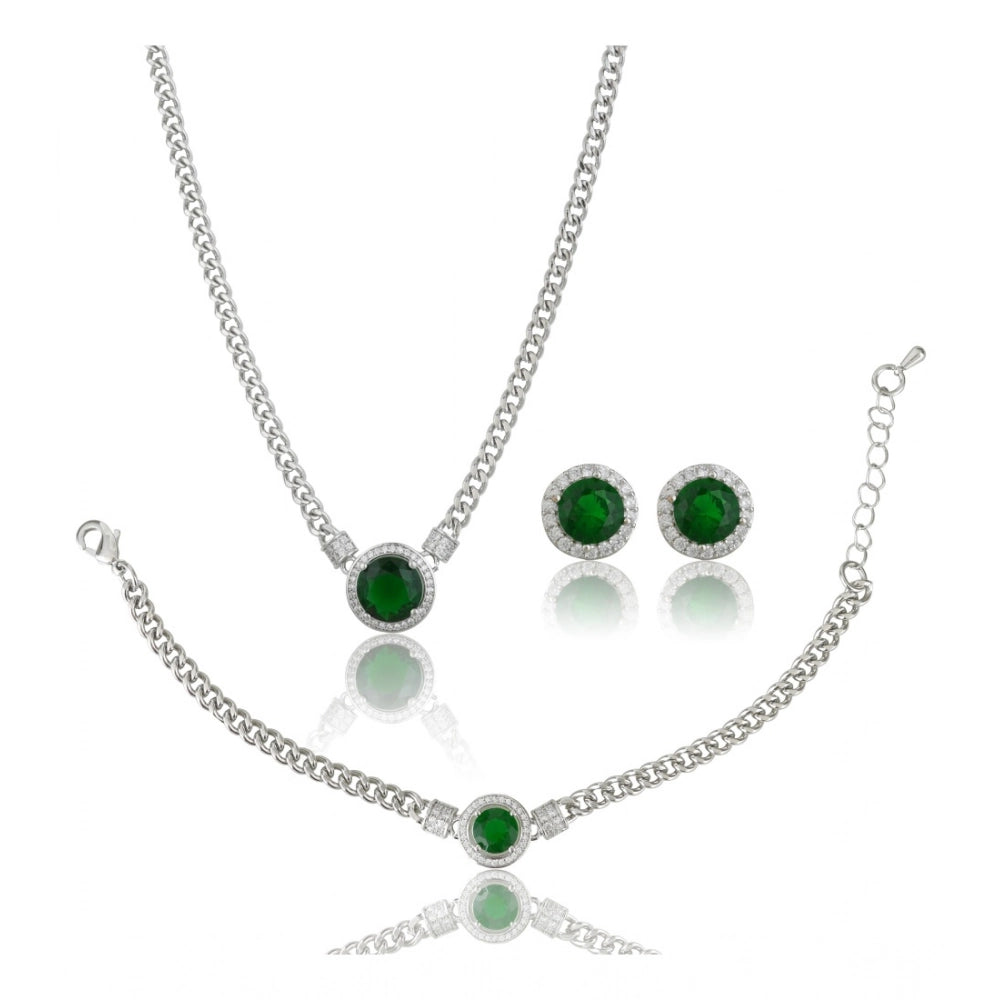 Vaystra Handcrafted Stainless Steel Green Color Silver Chain Western Combo Jewelry - Silver Plated Edition
