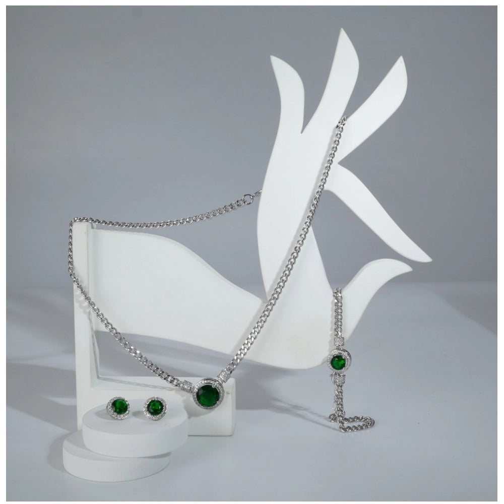 Vaystra Handcrafted Stainless Steel Green Color Silver Chain Western Combo Jewelry - Silver Plated Edition
