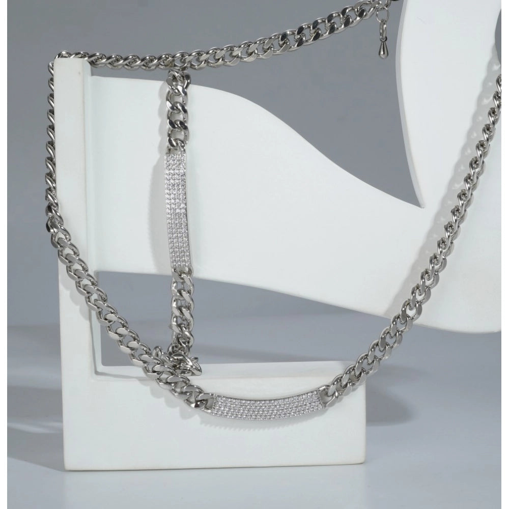 Vaystra Handcrafted Stainless Steel Silver Polish Hand Bracelet And Necklace - Silver Plated Edition