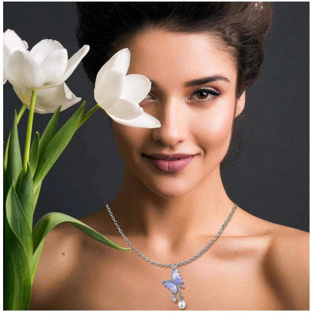 Vaystra Handcrafted Stainless Steel Butterfly Dailywear Pendent Delicate Chain - Silver Plated Edition