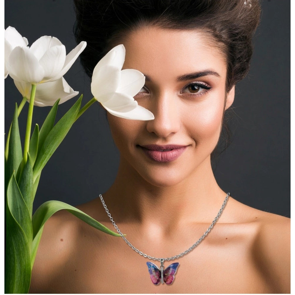 Vaystra Gold Plated Stainless Steel Colorful Butterfly Pendent Dailywear chain in Silver Plated
