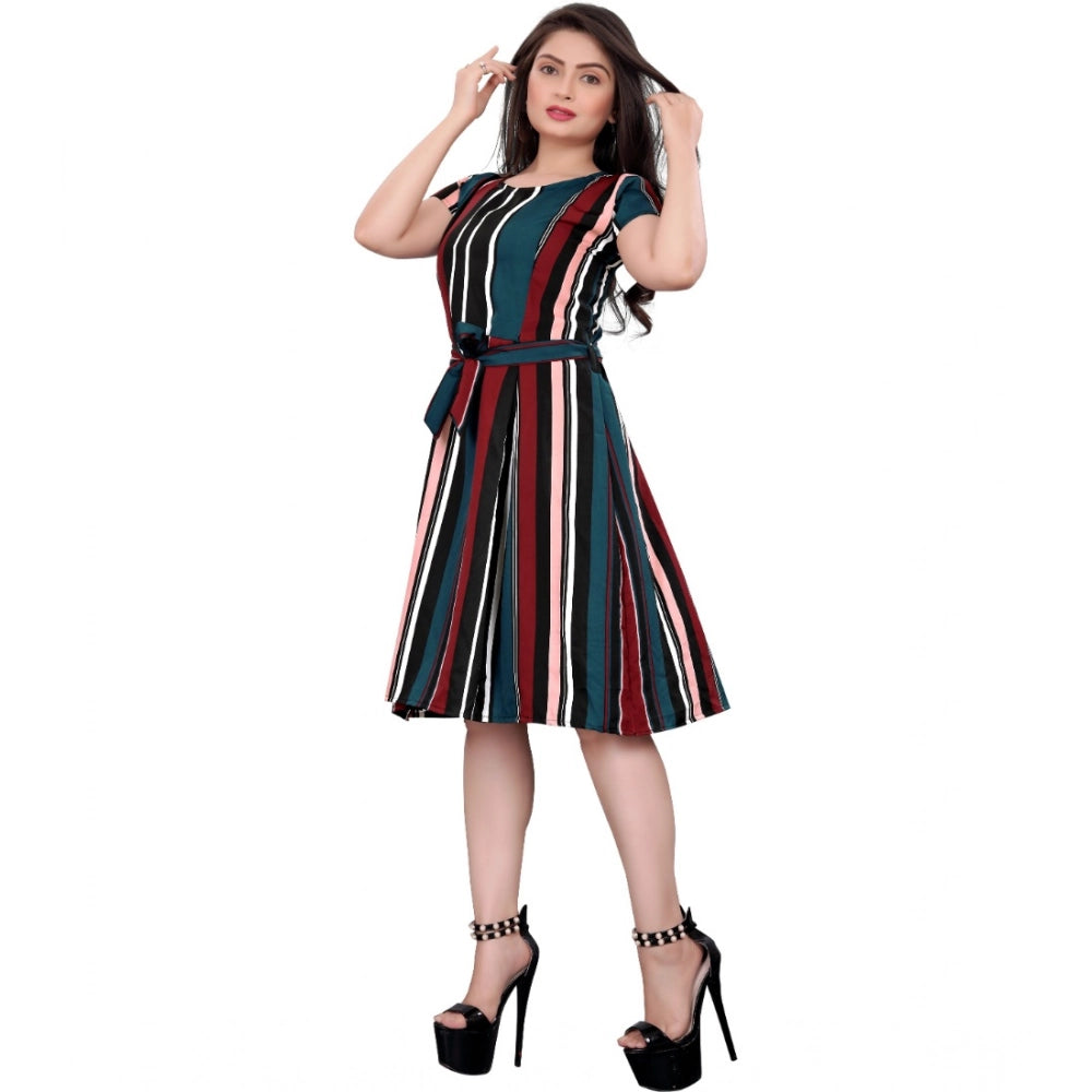 Vaystra Crep Striped Short Sleeve Dress – Red-Blue