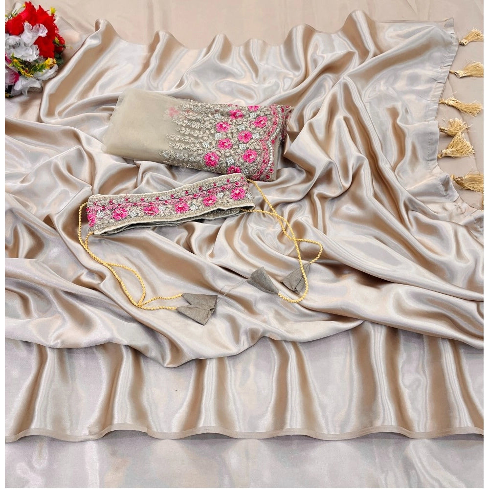 Vaystra Satin Solid Saree With Unstitched Blouse – Beige