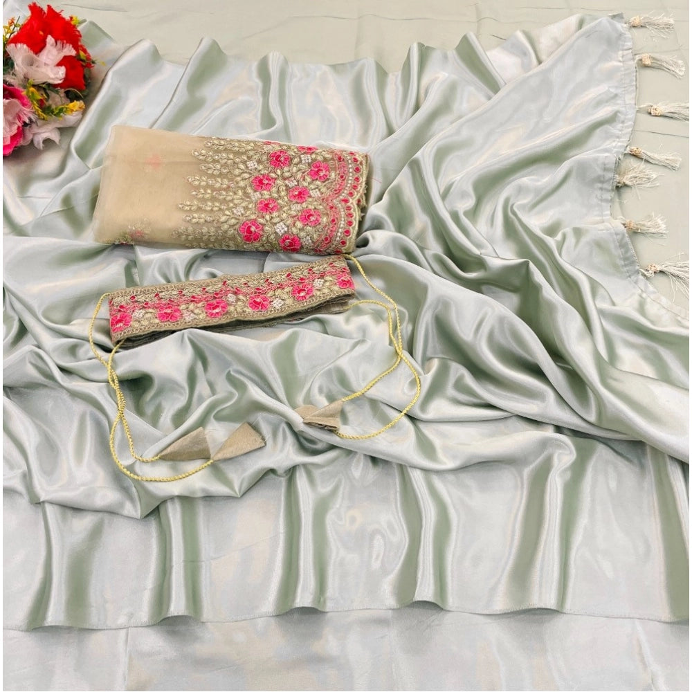 Vaystra Satin Solid Saree With Unstitched Blouse – Offwhite