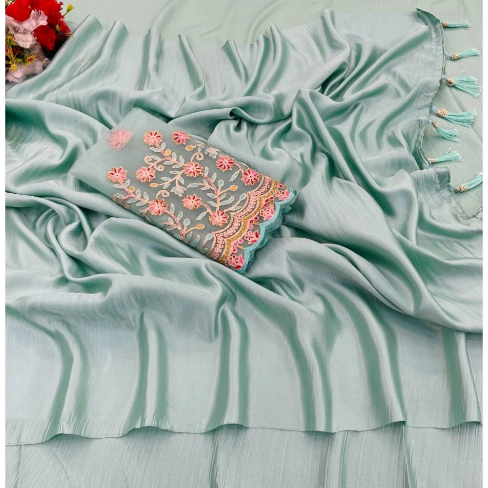 Vaystra Satin Solid Saree With Unstitched Blouse – Skyblue