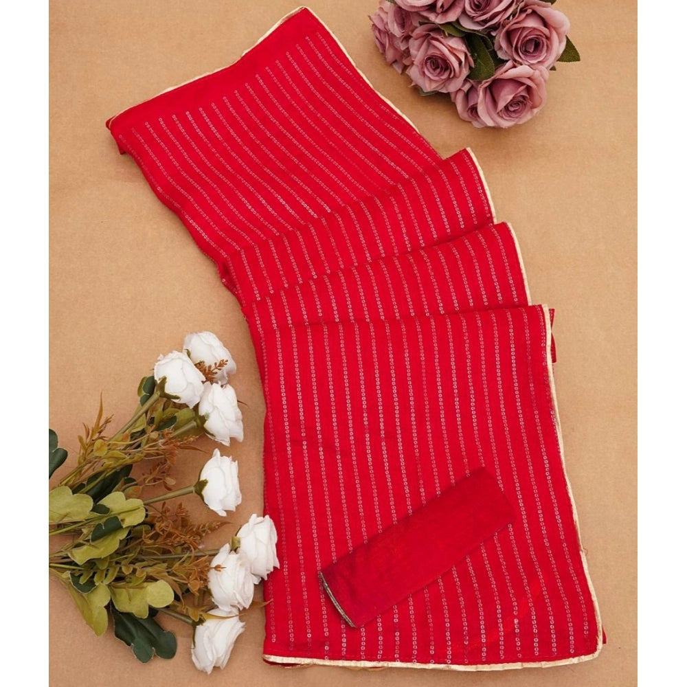 Vaystra Vichitra Silk Striped Saree With Unstitched Blouse 5.5Mtr – Red