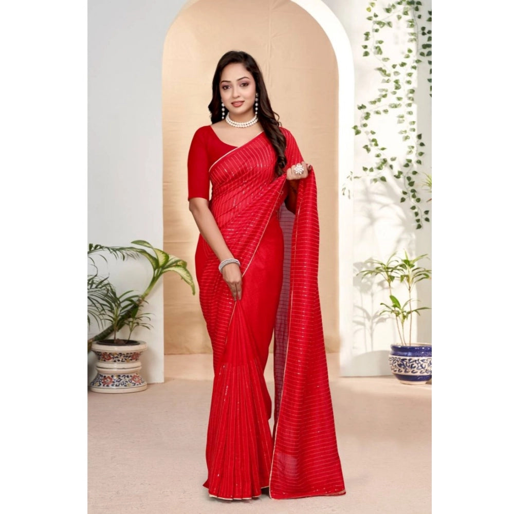 Vaystra Vichitra Silk Striped Saree With Unstitched Blouse 5.5Mtr – Red